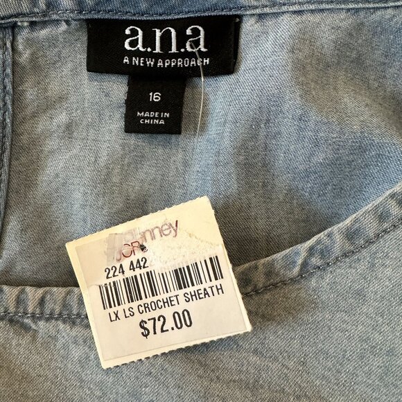 A.N.A Denim Ombre Shift Dress W/ Crochet Bell Sleeves Size 16 - Picture 6 of 8